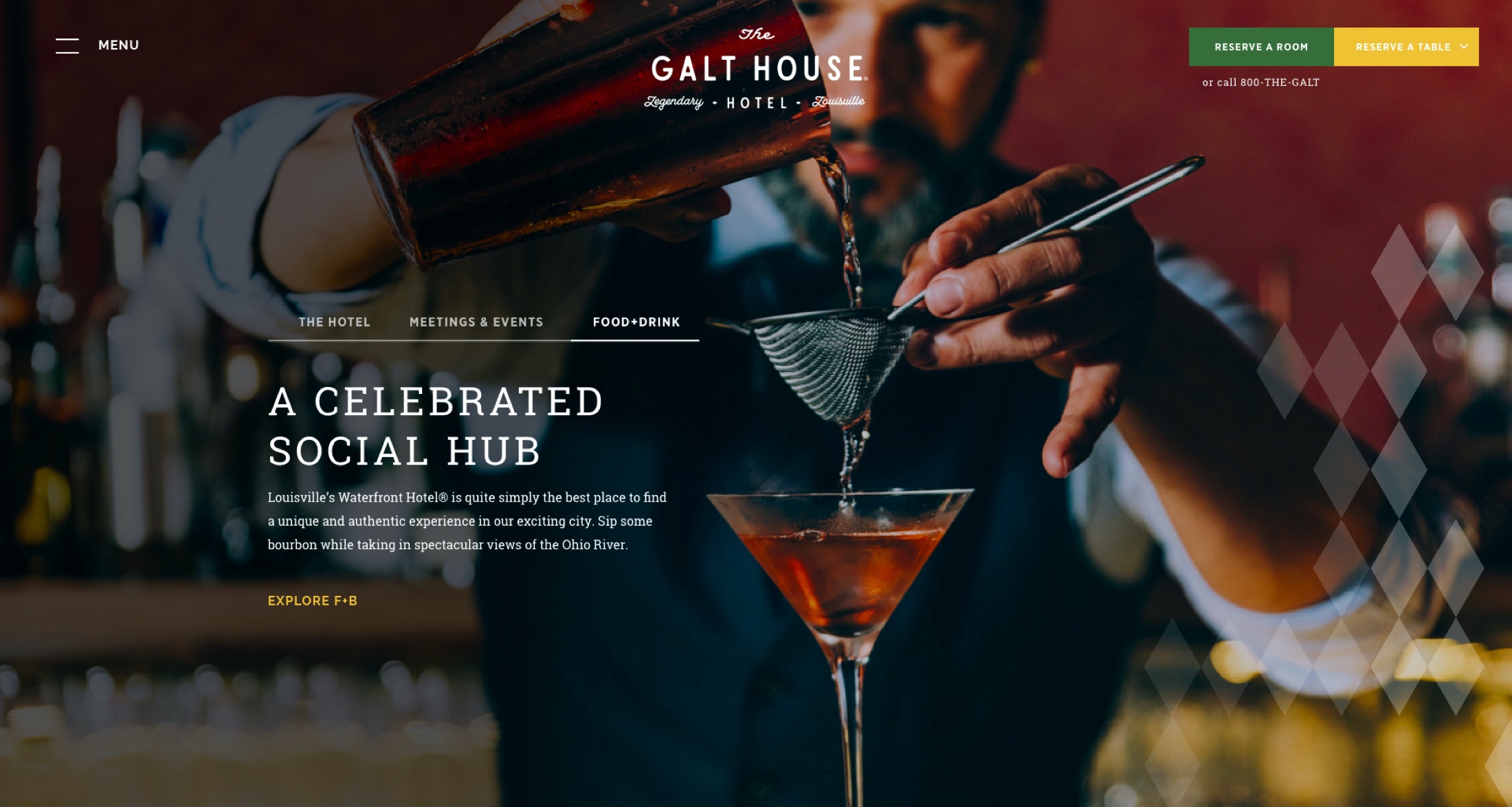 Header of the GaltHouse.com site, featuring a bartender pouring a drink through a strainer.