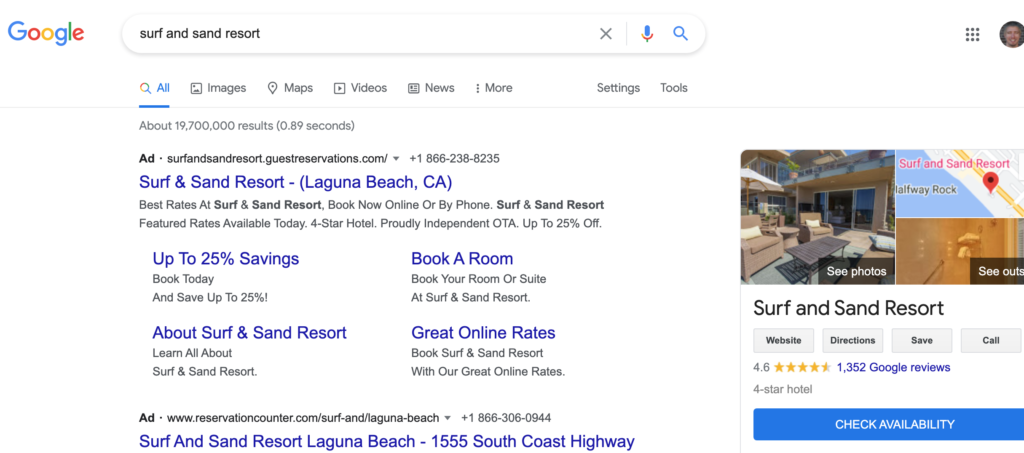 hotels advertising on Google - search results 1st fold