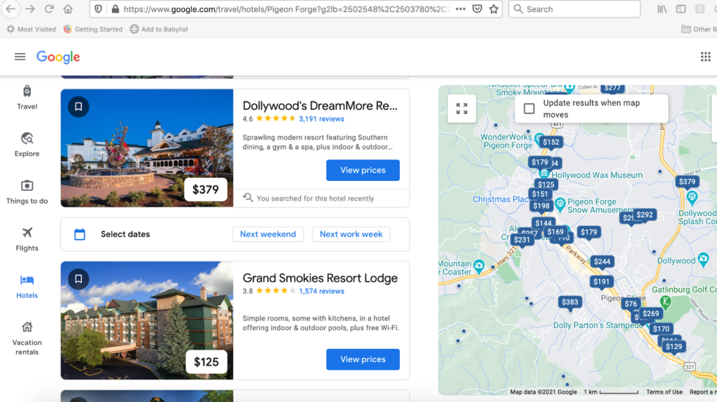 Screenshot of Google Hotel Ads in Pigeon Forge, TN