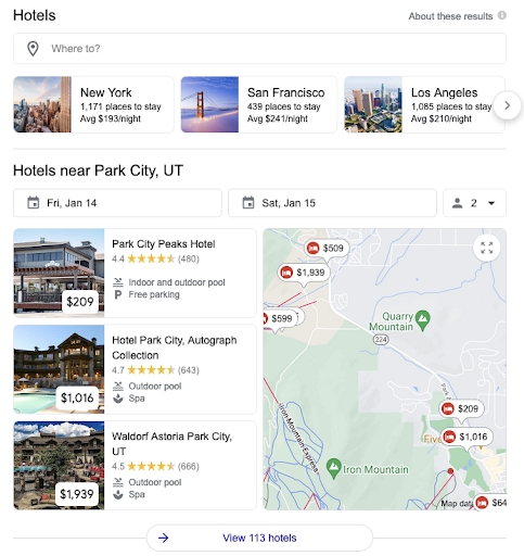 Google results showing hotels near Park City, Utah